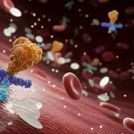 Immagine concettuale fotorealistica, obiettivo macro 60mm, che mostra un delicato equilibrio tra piastrine (piccoli dischi chiari) e molecole proteiche infiammatorie stilizzate (forme complesse colorate) su uno sfondo scuro che rappresenta il flusso sanguigno. Alta definizione, illuminazione drammatica laterale, focus selettivo sulle proteine chiave.