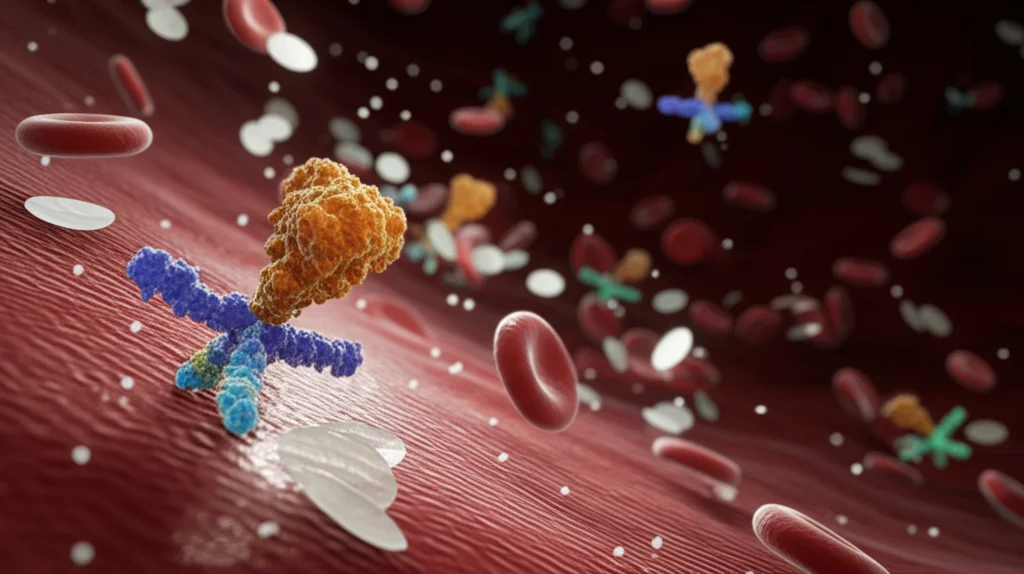 Immagine concettuale fotorealistica, obiettivo macro 60mm, che mostra un delicato equilibrio tra piastrine (piccoli dischi chiari) e molecole proteiche infiammatorie stilizzate (forme complesse colorate) su uno sfondo scuro che rappresenta il flusso sanguigno. Alta definizione, illuminazione drammatica laterale, focus selettivo sulle proteine chiave.