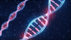 Immagine fotorealistica di una doppia elica di DNA astratta e luminosa che fluttua su uno sfondo blu scuro, con segmenti evidenziati in rosso a rappresentare le mutazioni genetiche c.64G>A e c.506-1G>A. Obiettivo prime 35mm, profondità di campo ridotta per focalizzare sull'elica, stile duotone blu e rosso.