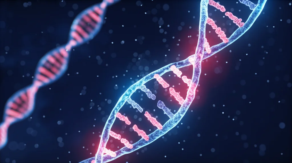 Immagine fotorealistica di una doppia elica di DNA astratta e luminosa che fluttua su uno sfondo blu scuro, con segmenti evidenziati in rosso a rappresentare le mutazioni genetiche c.64G>A e c.506-1G>A. Obiettivo prime 35mm, profondità di campo ridotta per focalizzare sull'elica, stile duotone blu e rosso.
