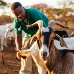 Primo piano di una capra zambiana in un ambiente rurale, con un veterinario sullo sfondo che esamina altri animali. La scena è illuminata dalla luce calda del tardo pomeriggio, catturata con un obiettivo prime 35mm per creare una profondità di campo che mette a fuoco la capra ma mantiene visibile il contesto. I colori sono naturali e caldi, evocando l'atmosfera della ricerca sul campo in Africa. Fotografia realistica.