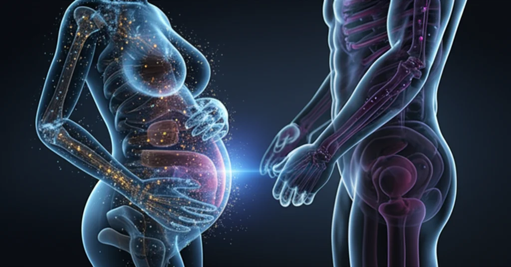 Visualizzazione artistica di dati genetici (linee luminose e punti colorati) sovrapposti a un'immagine stilizzata e trasparente di una donna incinta e del suo partner che si tengono per mano, obiettivo grandangolare 24mm, colori digitali brillanti (blu, viola, oro) su sfondo scuro, concetto di medicina personalizzata e predittiva in gravidanza.