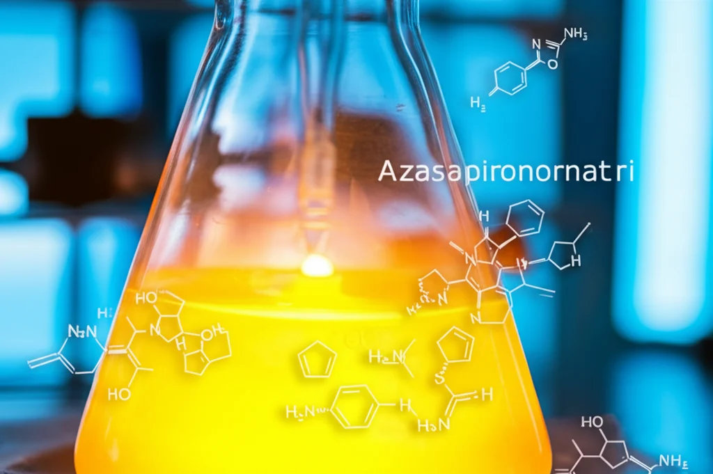 Fotografia macro di una beuta di vetro in un laboratorio chimico moderno, contenente un liquido giallo brillante in ebollizione sotto riflusso, con molecole stilizzate di azaspirononatriene sovrapposte digitalmente. Obiettivo macro 100mm, illuminazione controllata, alta definizione.