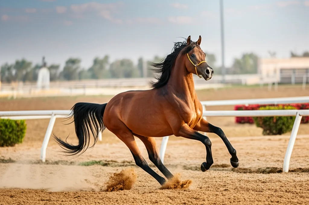 Fotografia sportiva di un magnifico cavallo da corsa Arabo purosangue in piena azione su una pista sabbiosa, teleobiettivo 300mm, alta velocità otturatore per congelare il movimento, polvere sollevata dagli zoccoli, luce dorata del tardo pomeriggio.