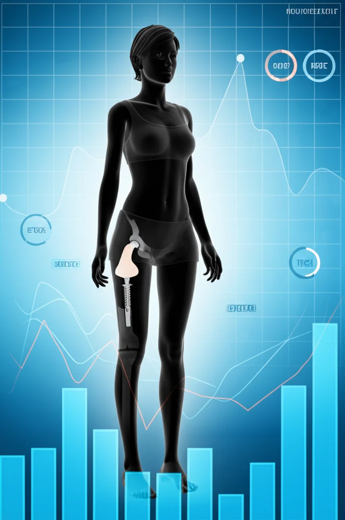 Immagine concettuale di una radiografia di anca o ginocchio con protesi, sovrapposta a una silhouette di una persona magra, con grafici di rischio in background. Illuminazione drammatica, focus selettivo sulla protesi, stile fotorealistico.