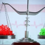 Immagine concettuale fotorealistica che mostra una bilancia medica stilizzata. Su un piatto ci sono cristalli di acido urico illuminati da una luce rossa (rischio), sull'altro una molecola di colesterolo HDL illuminata da una luce verde (protezione). La bilancia pende leggermente verso l'acido urico. Sfondo sfocato di un elettrocardiogramma. Obiettivo prime 50mm, profondità di campo, illuminazione drammatica.