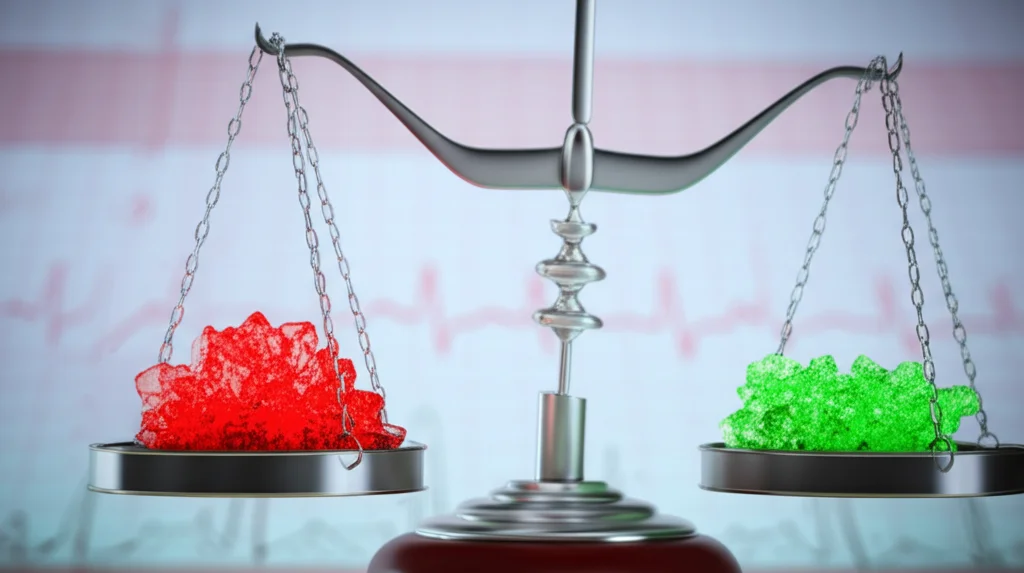 Immagine concettuale fotorealistica che mostra una bilancia medica stilizzata. Su un piatto ci sono cristalli di acido urico illuminati da una luce rossa (rischio), sull'altro una molecola di colesterolo HDL illuminata da una luce verde (protezione). La bilancia pende leggermente verso l'acido urico. Sfondo sfocato di un elettrocardiogramma. Obiettivo prime 50mm, profondità di campo, illuminazione drammatica.