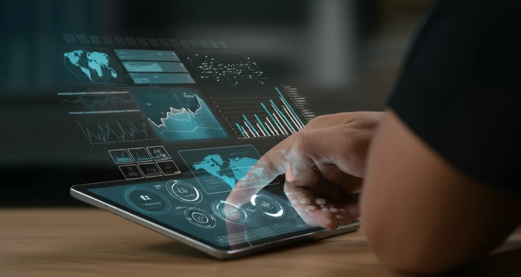 Immagine fotorealistica high-tech ma accogliente: uno studente interagisce con un tablet che mostra un'interfaccia di apprendimento linguistico AI adattiva. Sottili grafici biometrici (battito cardiaco, movimento oculare) sono sovrapposti discretamente sullo schermo. Stile: still life tecnologico, obiettivo macro 85mm, high detail, illuminazione soffusa e focalizzata sullo schermo, colori blu e grigio duotone.