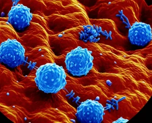 Immagine fotorealistica, lente macro, 85 mm, dettagli elevati, illuminazione controllata, raffigurante vescicole extracellulari batteriche sferiche (BEVS) rivestite con anticorpi IgA luminosi che interagiscono con le cellule immunitarie (che mostra i recettori del CD89) all'interno del rivestimento infiammato nell'infigce all'interno dell'infigce all'interno dell'influenza dell'infigce.