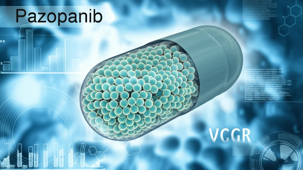 Immagine macro di una capsula del farmaco Pazopanib accanto a un modello 3D stilizzato del recettore VEGFR su uno sfondo blu sfocato con elementi grafici scientifici, illuminazione da laboratorio precisa e controllata, obiettivo macro 100mm, alta definizione, messa a fuoco precisa sulla capsula.