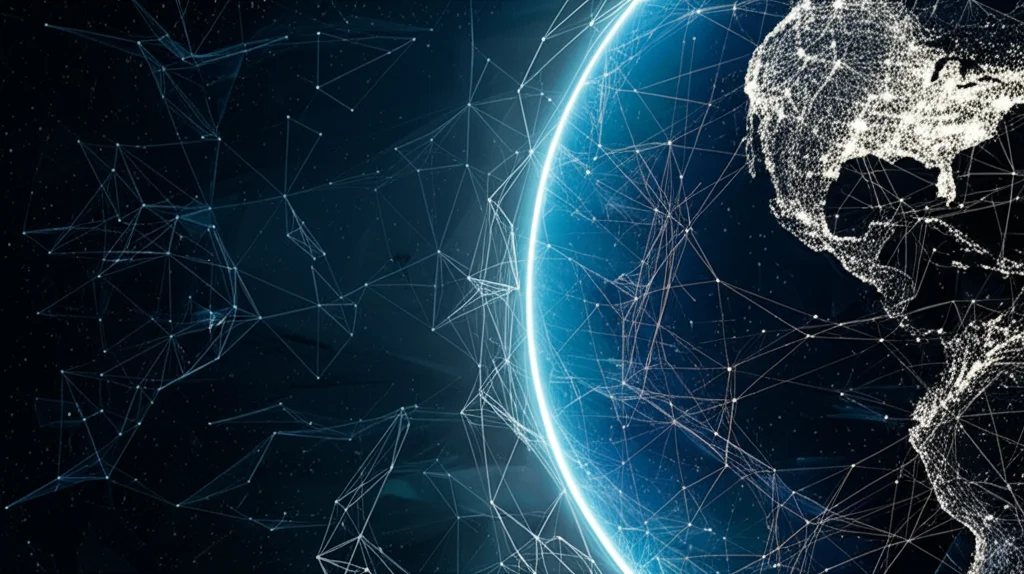 Visualizzazione artistica e fotorealistica di una complessa rete finanziaria globale che fluttua nel tempo, con alcuni nodi che brillano intensamente indicando anomalie, vista grandangolare 15mm, illuminazione drammatica, alto dettaglio.