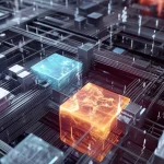 Illustrazione concettuale di un grande sistema di equazioni multi-lineari visualizzato come una complessa rete 3D, con sezioni 'a blocchi' evidenziate, risolte da un flusso iterativo. Stile fotorealistico astratto, illuminazione drammatica, lente prime 35mm, profondità di campo.