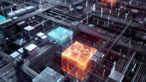 Illustrazione concettuale di un grande sistema di equazioni multi-lineari visualizzato come una complessa rete 3D, con sezioni 'a blocchi' evidenziate, risolte da un flusso iterativo. Stile fotorealistico astratto, illuminazione drammatica, lente prime 35mm, profondità di campo.