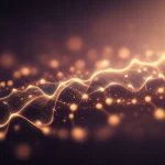 Illustrazione concettuale di un isolante topologico SSH sotto l'influenza del calore, mostrando stati quantistici protetti ai bordi (linee luminose) e il flusso di informazione quantistica (particelle brillanti) che resiste parzialmente al rumore termico (sfondo sfocato e caldo). Macro lens, 70mm, high detail, precise focusing, controlled lighting, duotone viola e oro, representing the interplay of topology, heat, and quantum information.