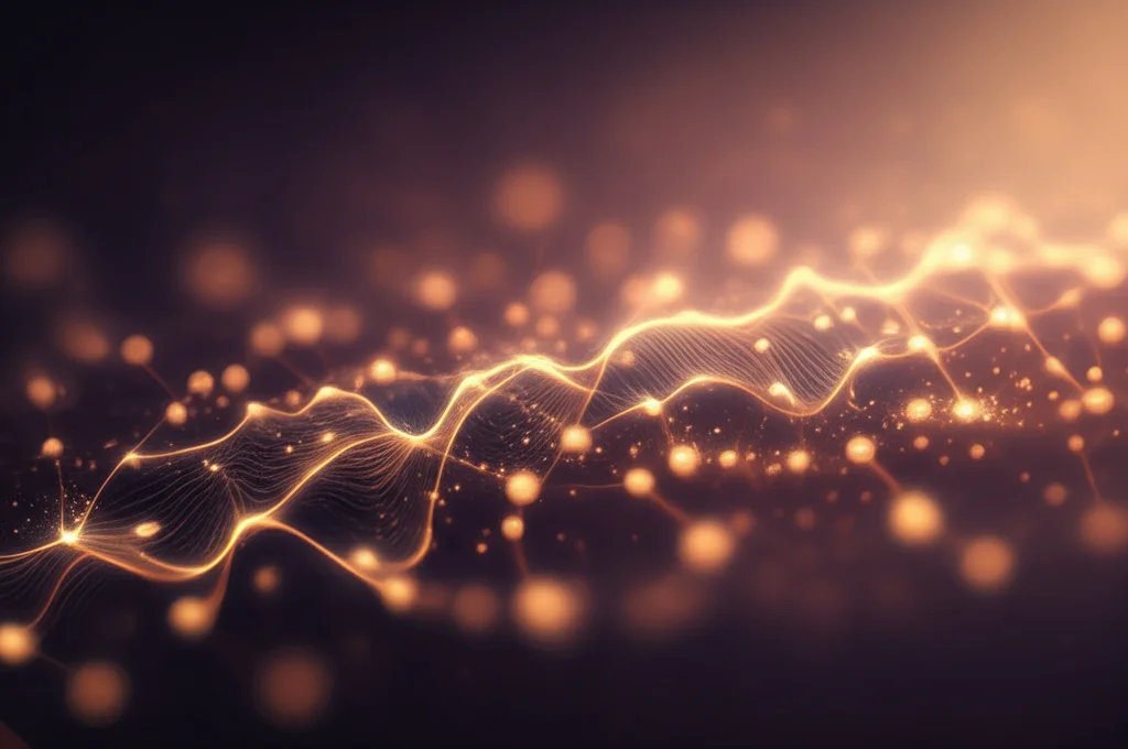 Illustrazione concettuale di un isolante topologico SSH sotto l'influenza del calore, mostrando stati quantistici protetti ai bordi (linee luminose) e il flusso di informazione quantistica (particelle brillanti) che resiste parzialmente al rumore termico (sfondo sfocato e caldo). Macro lens, 70mm, high detail, precise focusing, controlled lighting, duotone viola e oro, representing the interplay of topology, heat, and quantum information.