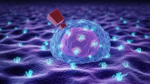 Illustrazione concettuale fotorealistica di un interruttore molecolare (rappresentante l'inibitore PZ48) che spegne la proteina HDAC10 all'interno di una cellula tumorale linfoide stilizzata, causando lo stress replicativo del DNA visibile come filamenti luminosi spezzati. Obiettivo prime 35mm, profondità di campo, toni blu e viola duotone.