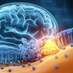 Illustrazione scientifica fotorealistica che mostra la proteina ApoE4 (struttura molecolare dettagliata) interagente con lipidi (sfere gialle e blu) su una membrana cellulare stilizzata (doppio strato fosfolipidico). Sullo sfondo, un cervello umano stilizzato e traslucido simboleggia il legame con le malattie neurodegenerative. Illuminazione drammatica con contrasti netti, profondità di campo che sfoca lo sfondo, alta definizione.
