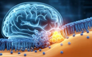 Illustrazione scientifica fotorealistica che mostra la proteina ApoE4 (struttura molecolare dettagliata) interagente con lipidi (sfere gialle e blu) su una membrana cellulare stilizzata (doppio strato fosfolipidico). Sullo sfondo, un cervello umano stilizzato e traslucido simboleggia il legame con le malattie neurodegenerative. Illuminazione drammatica con contrasti netti, profondità di campo che sfoca lo sfondo, alta definizione.