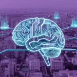 Immagine concettuale fotorealistica, obiettivo 35mm, che mostra un cervello digitale luminoso (simbolo dell'algoritmo quantistico ibrido) che invia segnali quantistici simili a sinapsi a una rete interconnessa di dispositivi IoT (sensori, attuatori) in una smart city vista dall'alto, profondità di campo ridotta focalizzata sul cervello, tonalità duotone viola e ciano per un look futuristico.