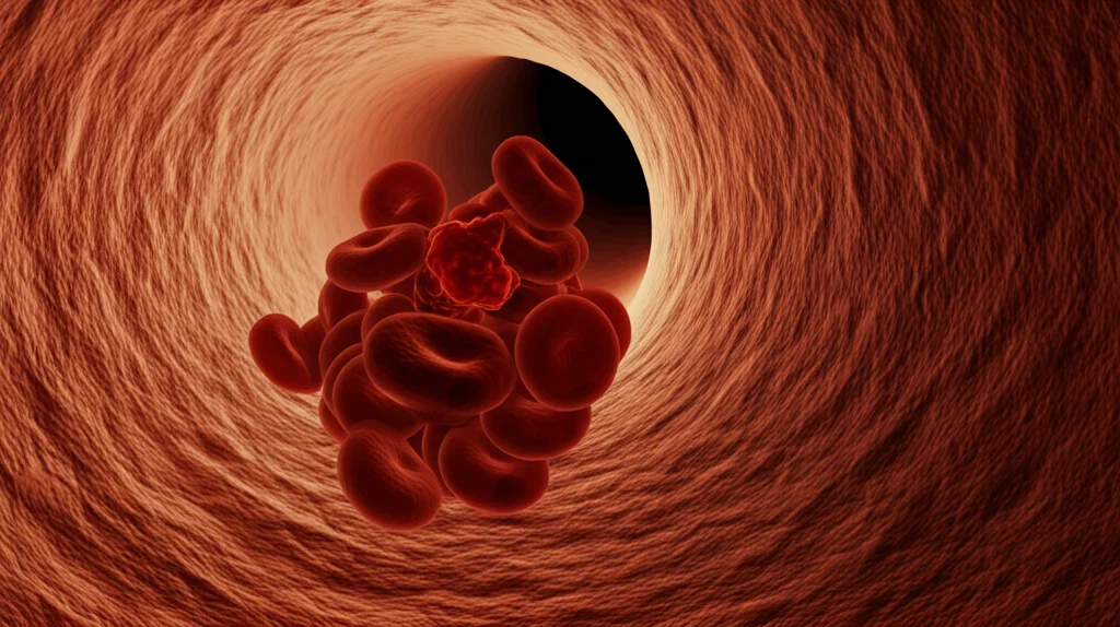 Immagine macro di un coagulo di sangue all'interno di un vaso sanguigno polmonare stilizzato, illuminazione controllata, alta definizione, obiettivo macro 100mm, focus preciso sul coagulo, sfondo scuro e leggermente sfocato.