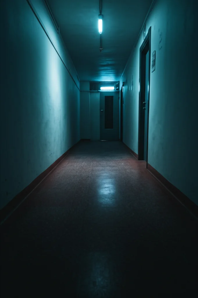 Immagine simbolica del pronto soccorso di notte, luci soffuse al neon che illuminano un corridoio vuoto, evocando un senso di urgenza, solitudine e vulnerabilità, obiettivo 35mm, stile film noir, profondità di campo.
