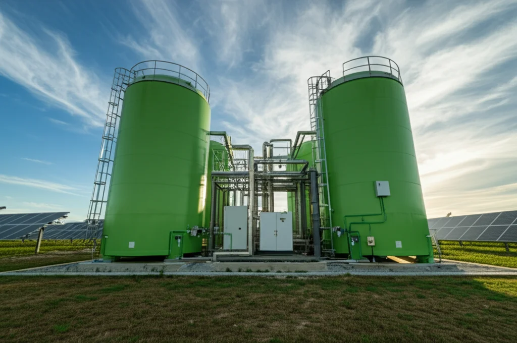 Impianto di produzione di idrogeno verde con elettrolizzatori PEM luminosi e serbatoi di stoccaggio cilindrici sotto un cielo parzialmente nuvoloso, pannelli solari visibili in lontananza su un terreno erboso. Obiettivo grandangolare 24mm, luce naturale del tardo pomeriggio che crea lunghe ombre, messa a fuoco nitida sull'intero impianto, alta definizione, atmosfera tecnologica e sostenibile.
