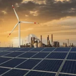 Paesaggio energetico tedesco al tramonto, che mostra turbine eoliche onshore e pannelli solari fianco a fianco con infrastrutture industriali, simboleggiando la transizione energetica, obiettivo grandangolare 20mm, lunga esposizione per cielo drammatico, colori caldi e freddi contrastanti.