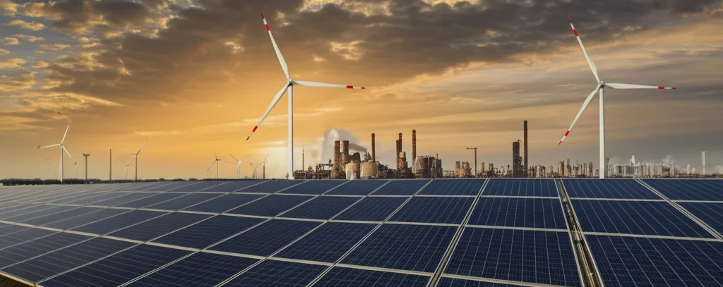 Paesaggio energetico tedesco al tramonto, che mostra turbine eoliche onshore e pannelli solari fianco a fianco con infrastrutture industriali, simboleggiando la transizione energetica, obiettivo grandangolare 20mm, lunga esposizione per cielo drammatico, colori caldi e freddi contrastanti.