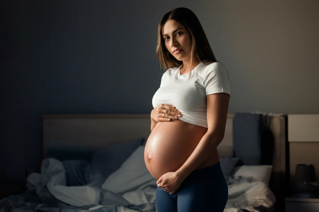 Ritratto fotografico intimo di una donna incinta di origine ispanica che guarda con speranza verso il futuro, toccandosi delicatamente il pancione, luce naturale morbida, obiettivo 50mm, profondità di campo media, toni duo seppia e blu.