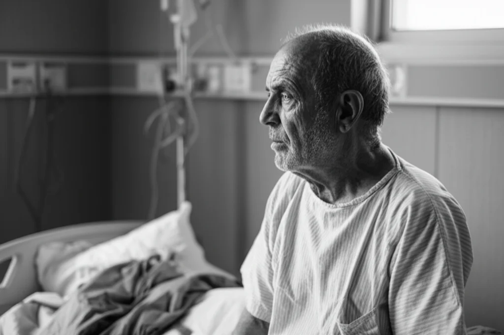 Ritratto intenso di un paziente anziano seduto sul letto d'ospedale, guardando fuori dalla finestra con espressione mista di preoccupazione e speranza prima di un intervento di cardiochirurgia. Luce naturale soffusa, obiettivo prime 50mm, profondità di campo ridotta per sfocare lo sfondo, bianco e nero per accentuare l'emozione.