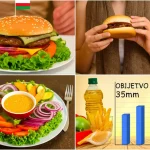 Un collage di immagini che rappresenta la dieta omanita: un piatto tradizionale ricco di verdure, una persona che mangia fast food, una bottiglia di olio vegetale e un grafico stilizzato sui rischi per la salute. Obiettivo 35mm, luce naturale diffusa, colori caldi.