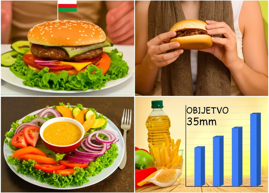 Un collage di immagini che rappresenta la dieta omanita: un piatto tradizionale ricco di verdure, una persona che mangia fast food, una bottiglia di olio vegetale e un grafico stilizzato sui rischi per la salute. Obiettivo 35mm, luce naturale diffusa, colori caldi.