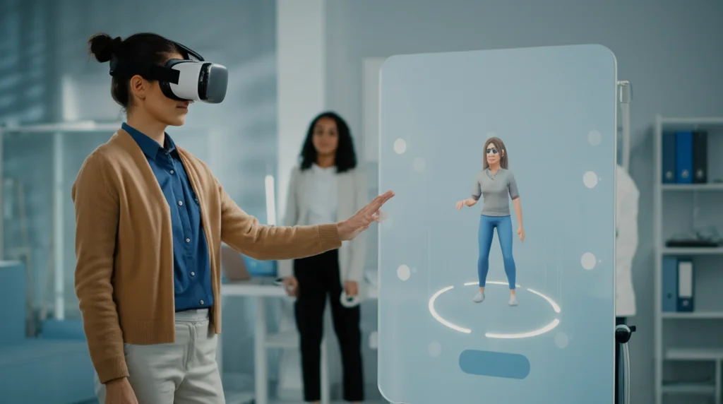 Una persona che interagisce con il proprio avatar personalizzato su uno schermo o tramite visore VR in un ambiente clinico o di ricerca moderno e luminoso. Fotografia di persone, obiettivo 35mm, profondità di campo, colori neutri e professionali.