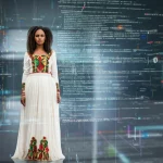 Donna etiope che indossa un elegante abito Habesha kemis bianco con ricami colorati, in piedi davanti a uno sfondo che sfuma verso una rappresentazione digitale di dati e linee di codice, obiettivo 50mm, luce morbida, fusione tra cultura e tecnologia AI.