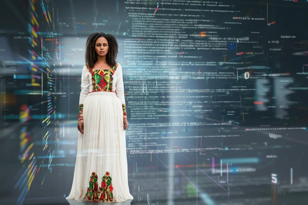 Donna etiope che indossa un elegante abito Habesha kemis bianco con ricami colorati, in piedi davanti a uno sfondo che sfuma verso una rappresentazione digitale di dati e linee di codice, obiettivo 50mm, luce morbida, fusione tra cultura e tecnologia AI.