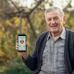 Fotografia realistica di un anziano sorridente in un ambiente rurale che tiene in mano uno smartphone mostrando un'app per la salute, luce naturale, obiettivo prime 35mm, sfondo leggermente sfocato (profondità di campo), colori caldi.