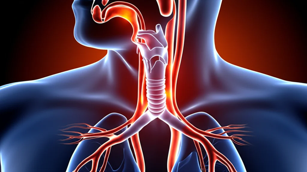 Immagine concettuale medica che mostra le vie aeree superiori (naso, seni paranasali) e inferiori (polmoni) interconnesse da un flusso infiammatorio stilizzato, visualizzazione 3D, colori caldi (rosso/arancio) per l'infiammazione e freddi (blu/verde) per il tessuto sano, alta definizione, focus nitido sull'interconnessione.