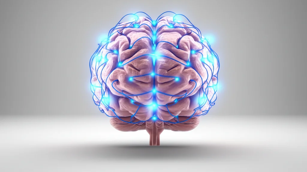 Immagine fotorealistica del cervello umano stilizzato ma anatomicamente riconoscibile, con connessioni neurali luminose che simboleggiano attività e salute. Lo sfondo è neutro e pulito, di colore grigio chiaro. L'illuminazione è morbida e diffusa, mettendo in risalto la texture e la forma del cervello. Obiettivo prime 50mm, focus nitido sulla struttura cerebrale.