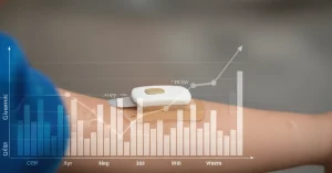Primo piano di un sensore per il monitoraggio continuo della glicemia (CGM) applicato sul braccio di un bambino, con un grafico glicemico stilizzato sovrapposto digitalmente. Macro lens 100mm, alta definizione, luce focalizzata sul sensore.