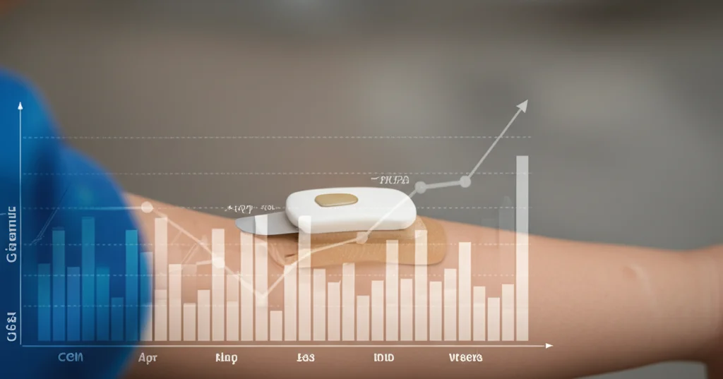 Primo piano di un sensore per il monitoraggio continuo della glicemia (CGM) applicato sul braccio di un bambino, con un grafico glicemico stilizzato sovrapposto digitalmente. Macro lens 100mm, alta definizione, luce focalizzata sul sensore.