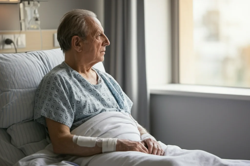 Ritratto di un paziente anziano in un letto d'ospedale che guarda fuori dalla finestra con un'espressione riflessiva dopo un intervento per frattura d'anca. Luce naturale morbida che entra dalla finestra, obiettivo prime 50mm, profondità di campo ridotta che sfoca leggermente lo sfondo della stanza, mettendo in risalto il paziente. Toni caldi e leggermente desaturati.