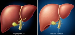 Illustrazione fotorealistica di un fegato umano sano accanto a un fegato affetto da steatosi avanzata (MASLD), con evidenziate le cellule epatiche cariche di lipidi giallastri. Illuminazione drammatica da studio, obiettivo prime 35mm, profondità di campo ridotta per focalizzare sulla netta differenza di aspetto e colore tra i due organi, suggerendo la patologia.
