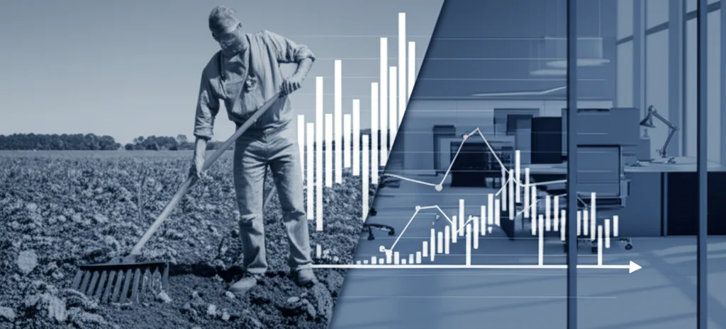 Immagine concettuale fotorealistica che illustra l'impatto dell'occupazione sulla salute e la sopravvivenza al cancro. Un grafico medico astratto della sopravvivenza si sovrappone a un'immagine divisa che mostra da un lato un ambiente di lavoro manuale all'aperto (es. campo agricolo) e dall'altro un ambiente d'ufficio al chiuso. Obiettivo prime 35mm, profondità di campo, toni duotone (blu e grigio) per un aspetto serio ma moderno.