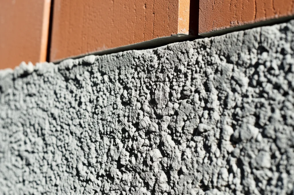 Immagine fotorealistica di un moderno edificio urbano in costruzione, con primo piano su una sezione di muro in calcestruzzo ecologico realizzato con scorie d'acciaio al posto degli inerti naturali. Dettagli macro sulla texture porosa ma compatta del calcestruzzo. Obiettivo grandangolare 24mm per catturare la scala urbana e l'innovazione materica, luce naturale.