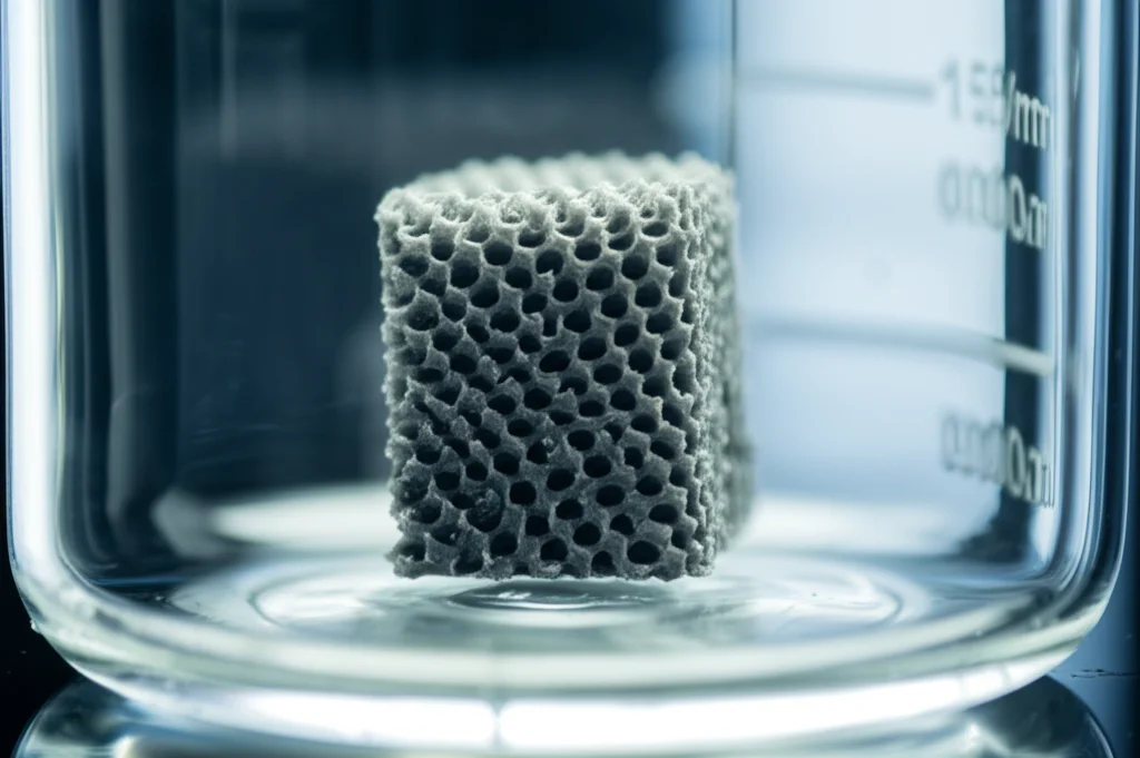 Immagine fotorealistica, scattata con un obiettivo macro da 100mm, che mostra un sofisticato elettrodo di carbonio poroso stampato in 3D, di colore grigio scuro, con una complessa struttura a reticolo. L'elettrodo è parzialmente immerso in un elettrolita trasparente all'interno di un beaker di vetro, con sottili riflessi di luce sulla superficie. Alto dettaglio, illuminazione controllata da laboratorio.