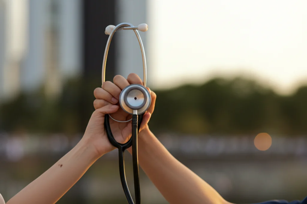 Immagine fotorealistica simbolica: una mano che tiene uno stetoscopio si stringe con un'altra mano che emerge da uno sfondo urbano rappresentante una comunità. Obiettivo prime 50mm, luce calda del tardo pomeriggio, profondità di campo che sfoca leggermente lo sfondo urbano mettendo a fuoco le mani unite. Simboleggia l'unione tra sanità (Medicaid) e intervento comunitario (CVI).