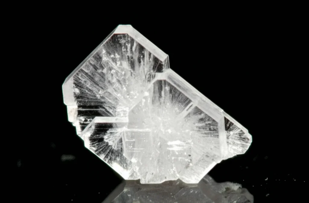 Macro fotografia, obiettivo 60mm, di un cristallo singolo trasparente e incolore di TMCM-CdCl3 che mostra sfaccettature intricate, appoggiato su una superficie scura con riflessi sottili, illuminazione controllata che ne evidenzia la struttura cristallina, alto dettaglio, messa a fuoco precisa.