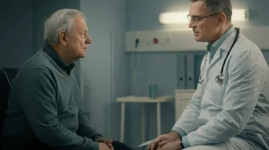 Primo piano di un medico empatico che ascolta attentamente un paziente oncologico seduto in una stanza d'ospedale luminosa, focus sull'interazione umana nel contesto delle cure avanzate per il cancro al fegato. Obiettivo prime 35mm, profondità di campo, toni caldi e rassicuranti.