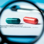 Primo piano, vista con lente macro (80mm) di capsule di farmaci (rappresentazione di pembrolizumab/axitinib) accanto a una cartella clinica che mostra i livelli degli enzimi epatici, alto dettaglio, messa a fuoco precisa, illuminazione in ambiente clinico.