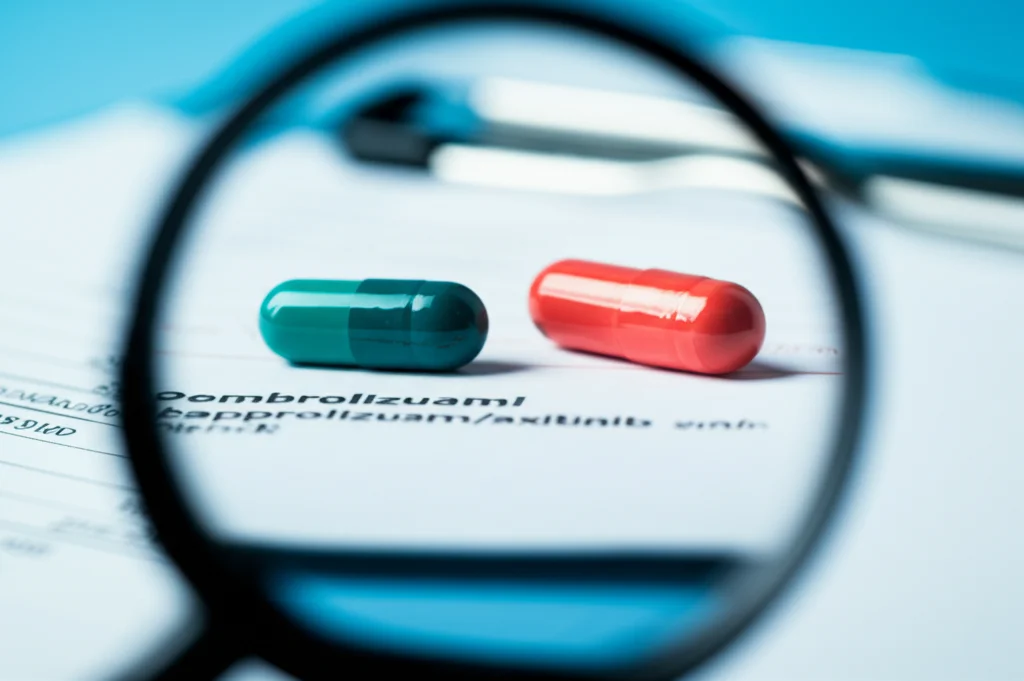 Primo piano, vista con lente macro (80mm) di capsule di farmaci (rappresentazione di pembrolizumab/axitinib) accanto a una cartella clinica che mostra i livelli degli enzimi epatici, alto dettaglio, messa a fuoco precisa, illuminazione in ambiente clinico.